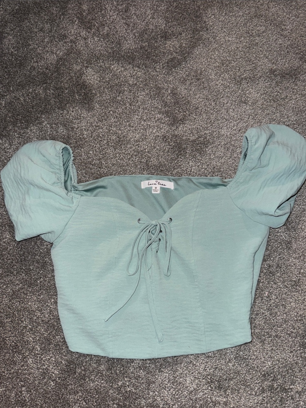 Love Tree Sage Green Puff-Sleeve Lace-Up Crop Top